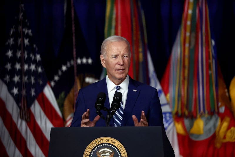 President Joe Biden addresses the crowd at the George E. Wahlen Department of Veterans Affairs Medical Center in Salt Lake City Thursday, Aug. 10, 2023.