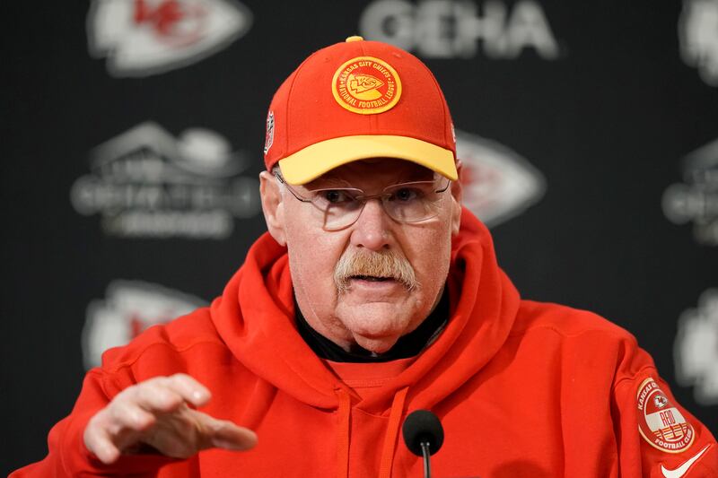 Kansas City Chiefs head coach Andy Reid speaks at a news conference after a wild-card playoff game against the Miami Dolphins Saturday, Jan. 13, 2024.