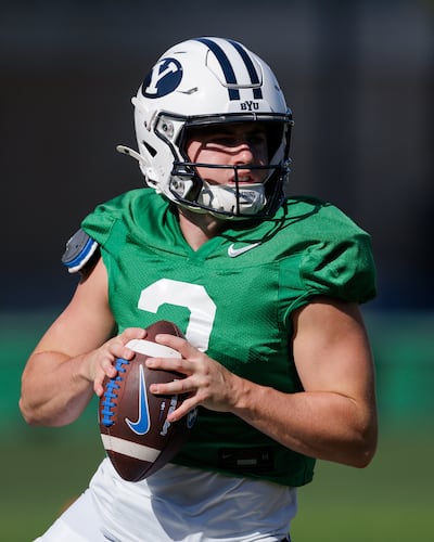 BYU QB McCae Hillstead looks to throw during practice Aug. 5, 2025, in Provo.