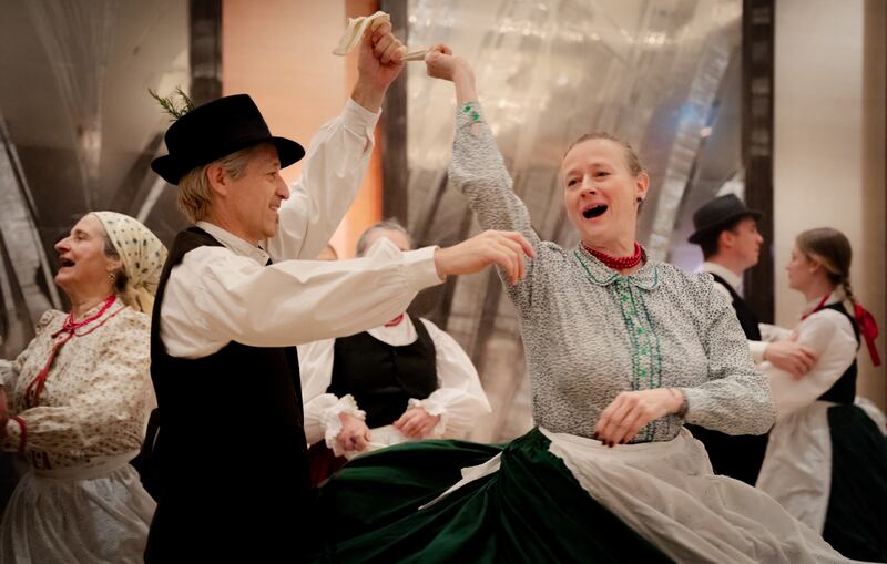 A group of dancers performs a traditional Hungarian dance during the first-ever Light the World dinner hosted by The Church of Jesus Christ of Latter-day Saints in Geneva, Switzerland, on Tuesday, Dec. 2, 2025.