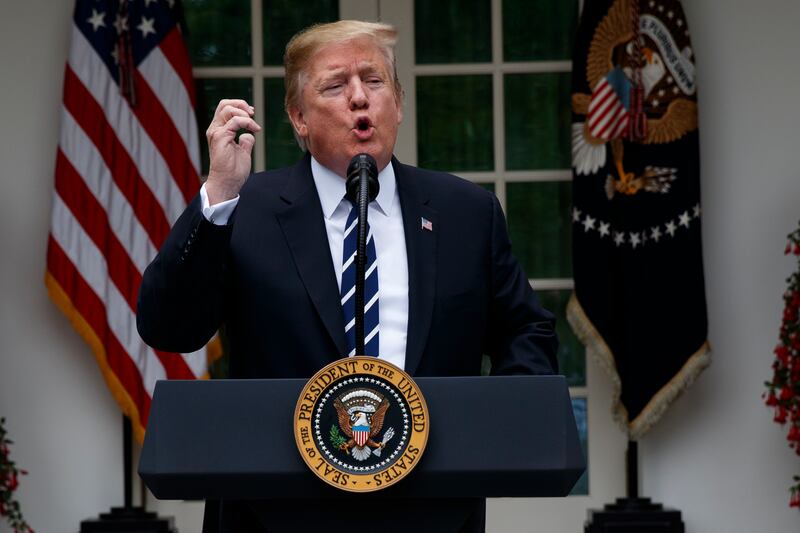President Donald Trump delivers a statement in the Rose Garden of the White House, Wednesday, May 22, 2019, in Washington. (AP Photo/Evan Vucci)