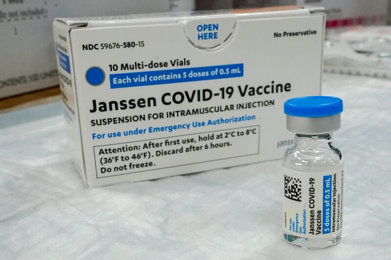 In this Thursday, April 8, 2021 file photo, the Johnson & Johnson COVID-19 vaccine sits on a table at a pop up vaccinations site the Albanian Islamic Cultural Center, in the Staten Island borough of New York. The U.S. is recommending a “pause” in administration of the single-dose Johnson & Johnson COVID-19 vaccine to investigate reports of potentially dangerous blood clots