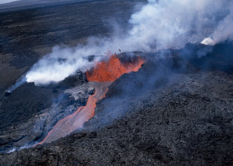 Molten rock flows from Mauna Loa, located on the south-central part of the island of Hawaii.