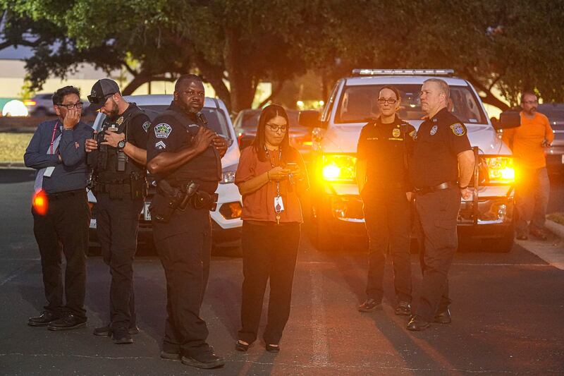 Austin police and EMS meet at the Great Hills Baptist Church for a media briefing on Aug. 31, 2023, in Austin, Texas, after a shooting.