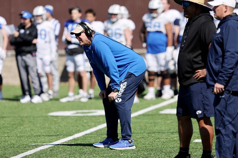 Offensive line coach Darrell Funk, watches his players as the BYU Cougars football team practices in Provo, March 17, 2023.