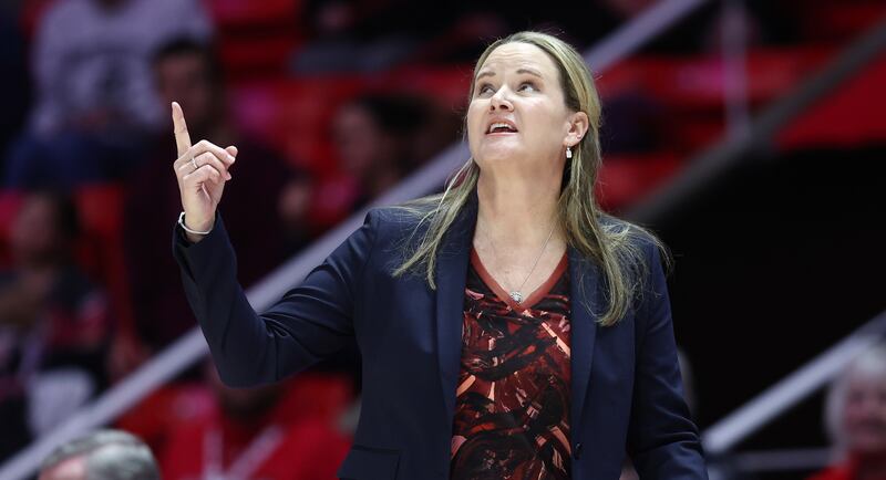 Utah coach Lynne Roberts points up at the replay during the Utes’ victory over Arizona at the Huntsman Center.