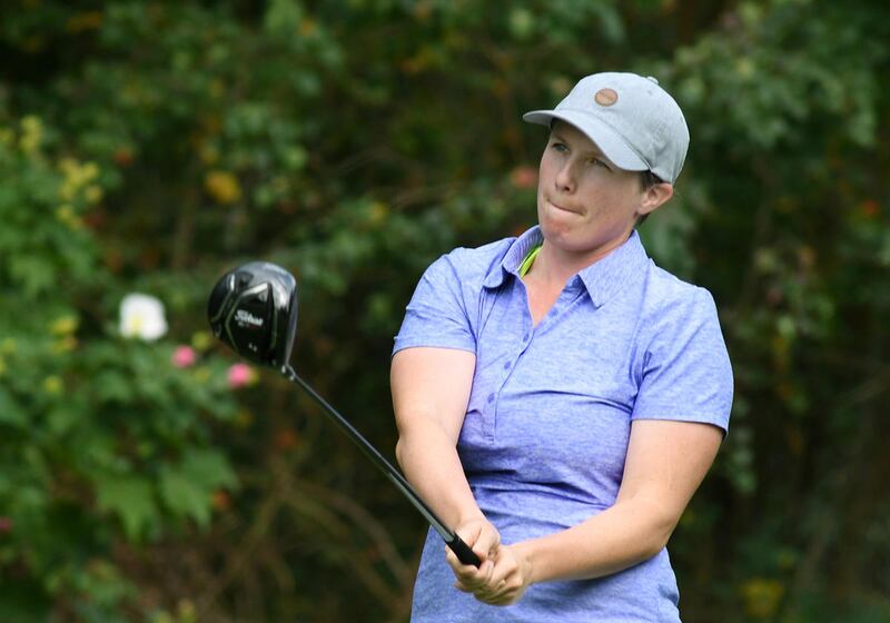 Kelsey Chugg, 26, of Salt Lake City, Utah, follows her tee shot on the par 5 9th hole during the championship match of the U.S. Women's Mid-Amateur Championship at Champions Golf Club in Houston on Thursday, Nov. 16, 2017.