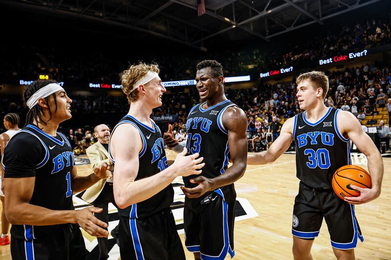 BYU players celebrate a victory over UCF Saturday afternoon in Orlando. Next up for the Cougars is a home game against Arizona Tuesday.