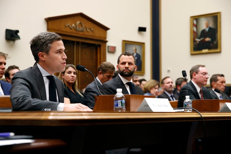 Google Director of Economic Policy Adam Cohen, left, testifies alongside Facebook Head of Global Policy Development Matt Perault, second from left, Amazon Associate General Counsel Nate Sutton and Apple Vice President for Corporate Law and Chief Complianc