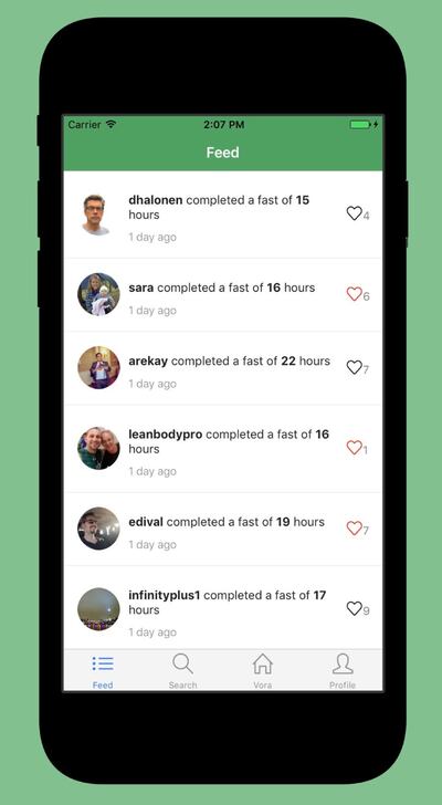 On the Vora app, users post fasting accomplishments that appear on friends' feeds.