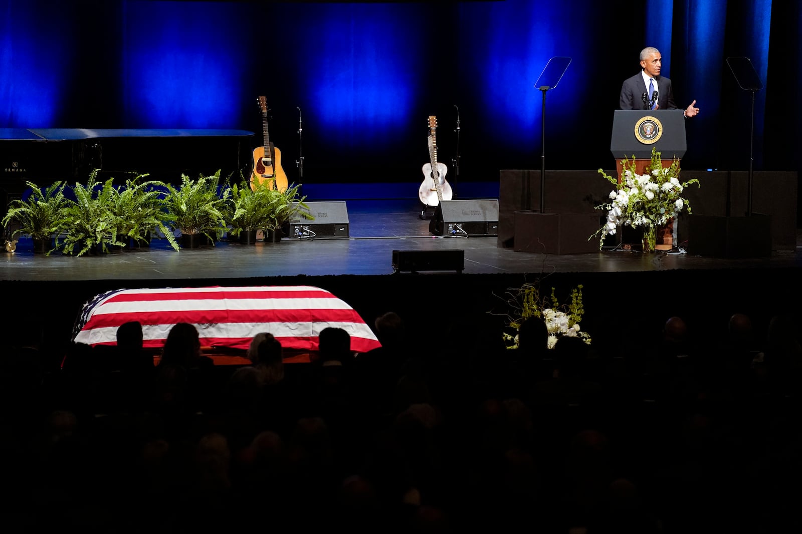 Former President Barack Obama speaks during a memorial service for former Senate Majority Leader Harry Reid at the Smith Center in Las Vegas.