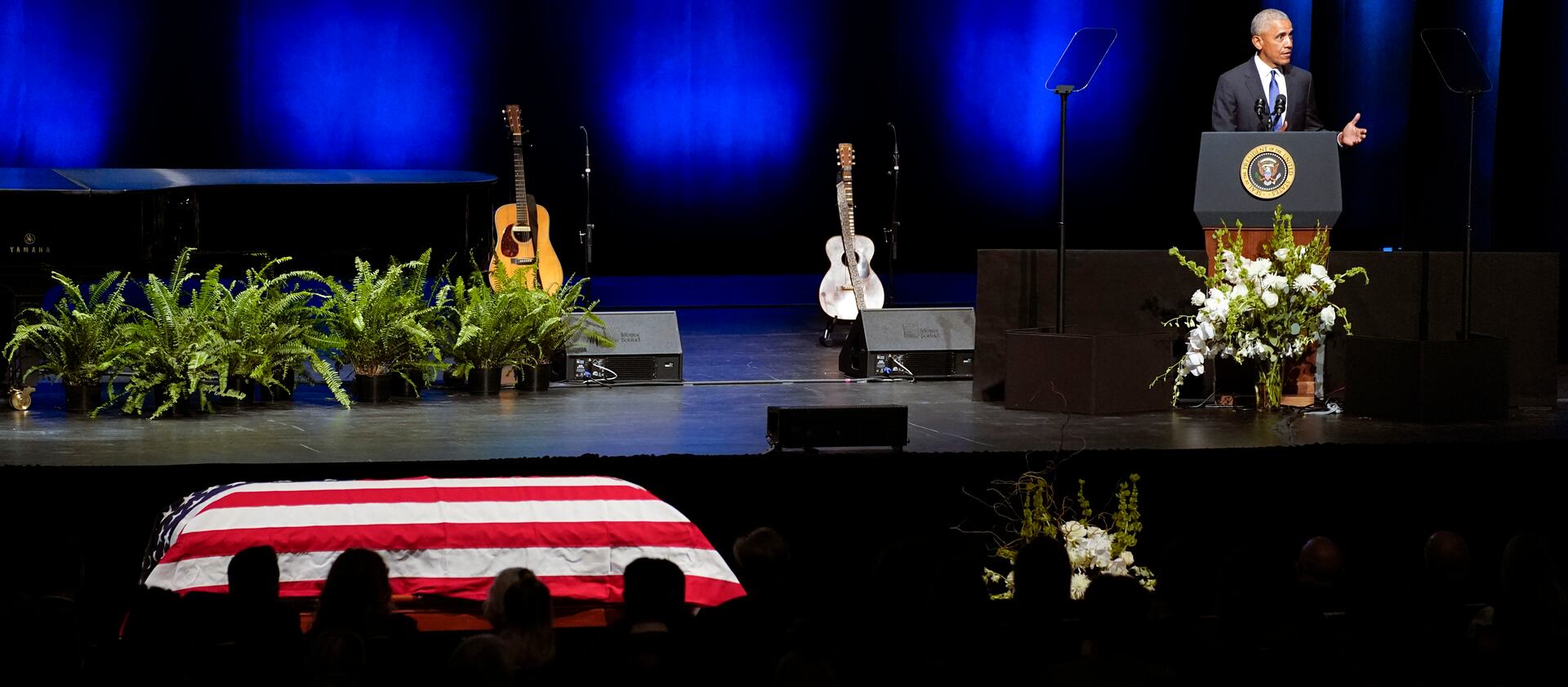 Former President Barack Obama speaks during a memorial service for former Senate Majority Leader Harry Reid at the Smith Center in Las Vegas.