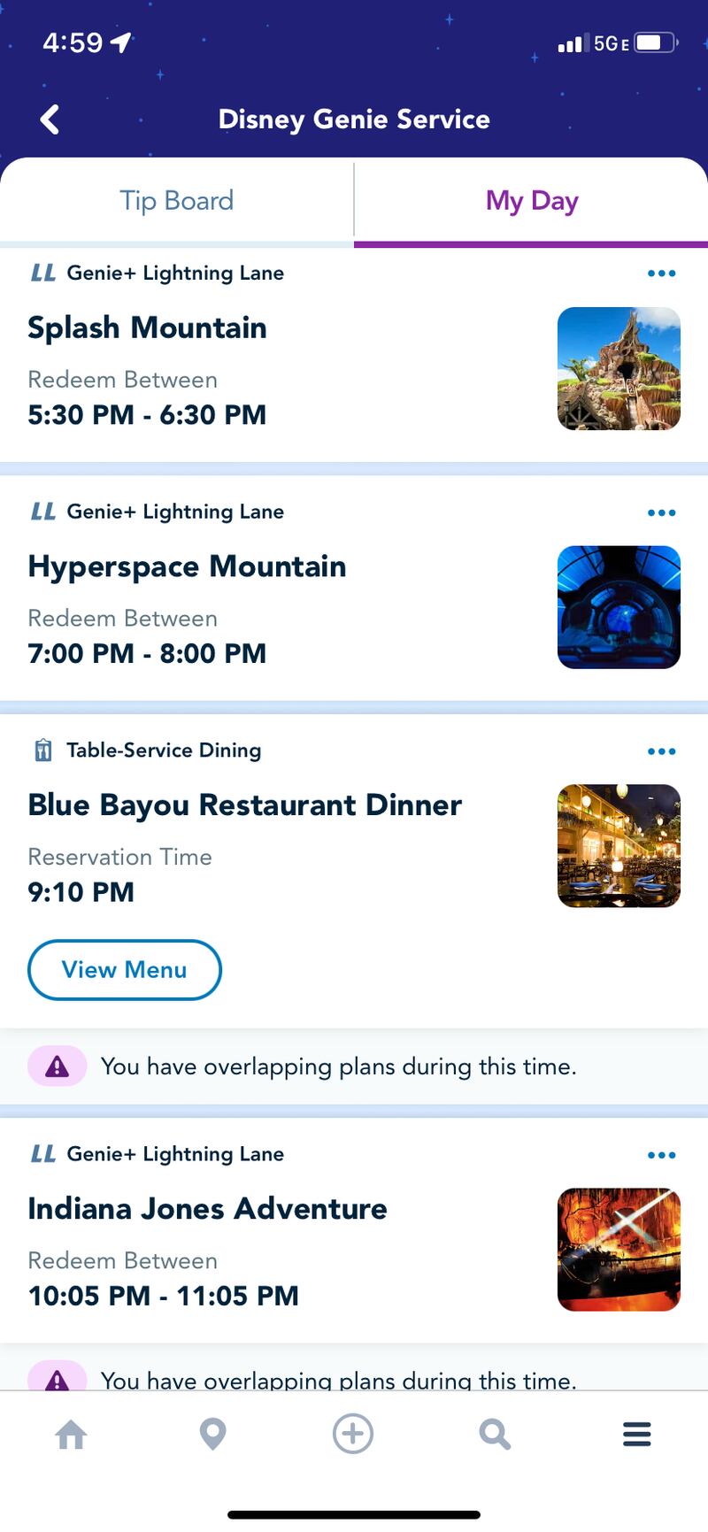The My Day tab on the Disney Genie Service — accessible through the Disneyland app — shows what times you have dinner or mobile food ordering reservations for, as well as what times you can redeem your Lightning Lane passes.