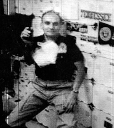 Jake Garn on the space shuttle on April 15, 1985.