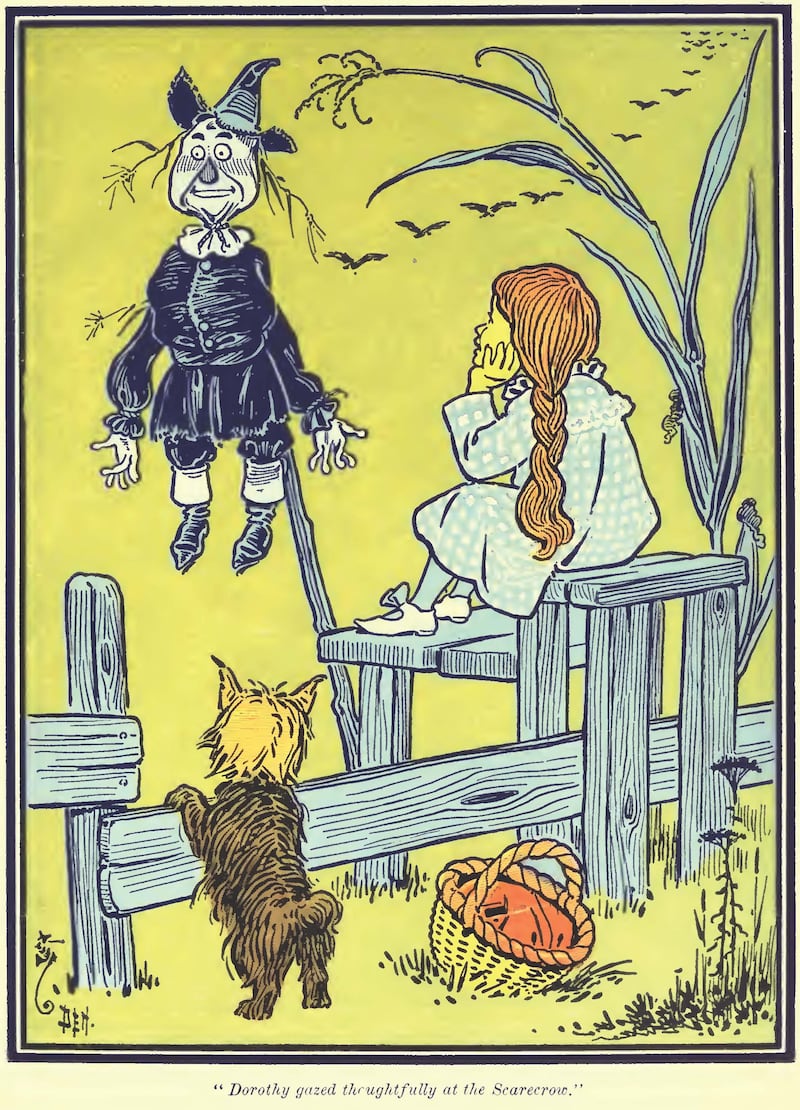“Dorothy gazed thoughtfully at the Scarecrow,” Zeichnung von W. W. Denslow, 1900.
