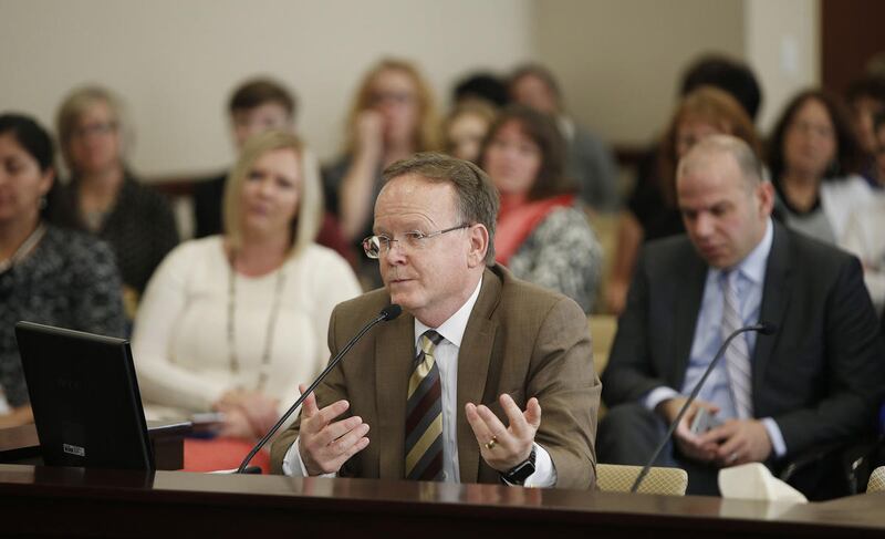FILE - Sen. Stuart Adams, R-Layton, speaks about Health Education Amendments Senate Bill 196 during the legislature in Salt Lake City on Tuesday, Feb. 21, 2017. Adams “acknowledged the merit” of Equality Utah’s lawsuit against the Utah State Board of Edu