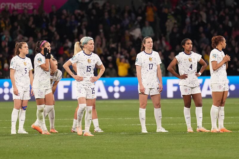 U.S. players react following loss to Sweden in a penalty shootout during the Women’s World Cup Round of 16 soccer match.