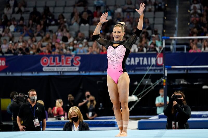 MyKayla Skinner celebrates after competing floor exercise at the U.S. Gymnastics Championships.