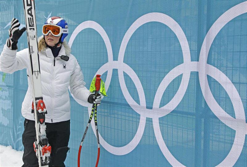 Lindsey Vonn of the United States stands at the bottom of the hill after Friday's downhill training session was cancelled.