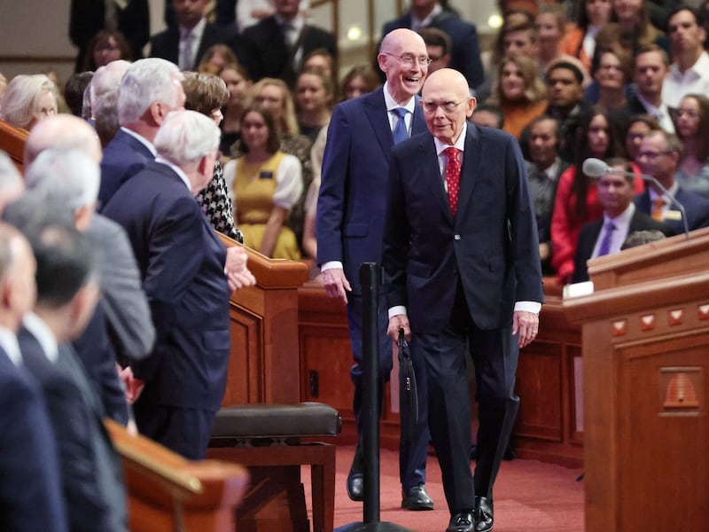 President Dallin H. Oaks and President Henry B. Eyring arrive at general conference on Sept. 30, 2023.