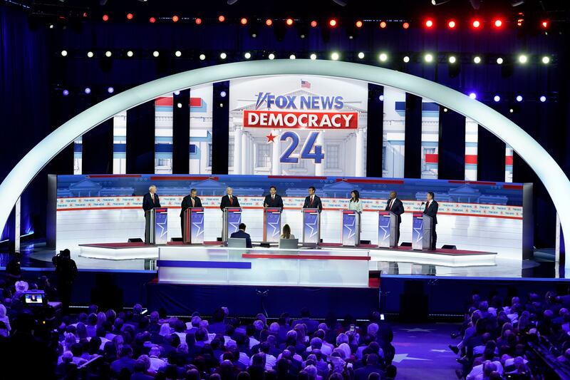 Candidates stand at their podiums during a Republican presidential primary debate on Aug. 23, 2023, in Milwaukee.