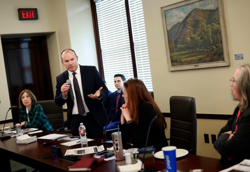 U.S. Sen. Mike Lee speaks to House Democrats at the Capitol in Salt Lake City on Feb. 21, 2024.