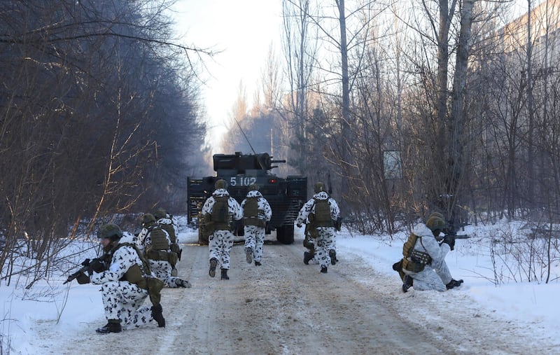 Ukrainian National Guard, Armed Forces and special operations in the abandoned city of Pripyat near the Chernobyl Nuclear Power Plant.