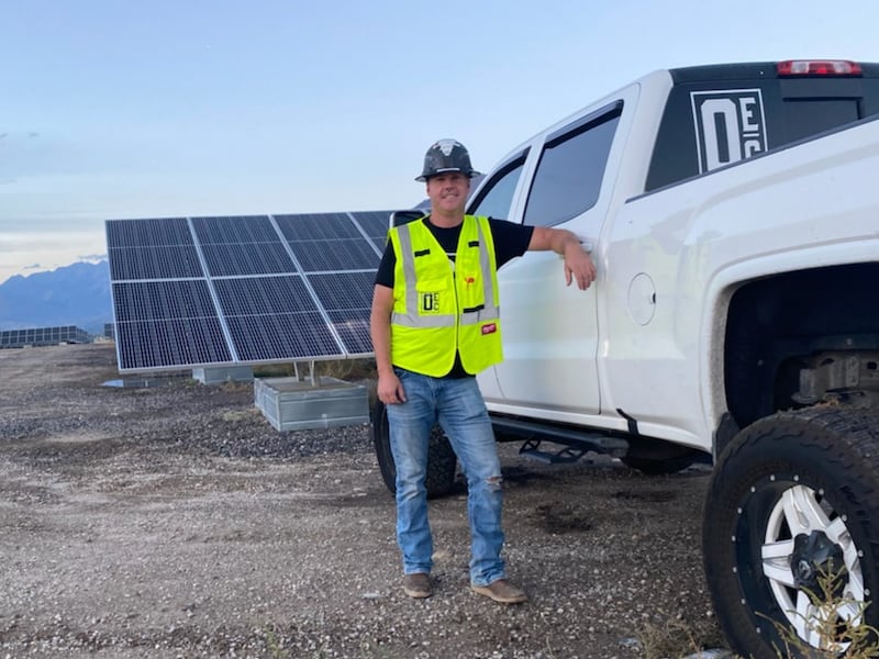 Solar power entrepreneur Tony Grimshaw stands near the Utah Municipal Power Agency’s installation he helped build.