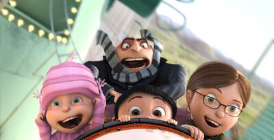 (L to R) Edith (DANA GAIER), Gru (STEVE CARELL), Agnes (ELSIE FISHER) and Margo (MIRANDA COSGROVE) ride a roller coaster in Universal Pictures and Illumination Entertainment's inaugural 3-D CGI feature, "Despicable Me". The film tells the story of one th