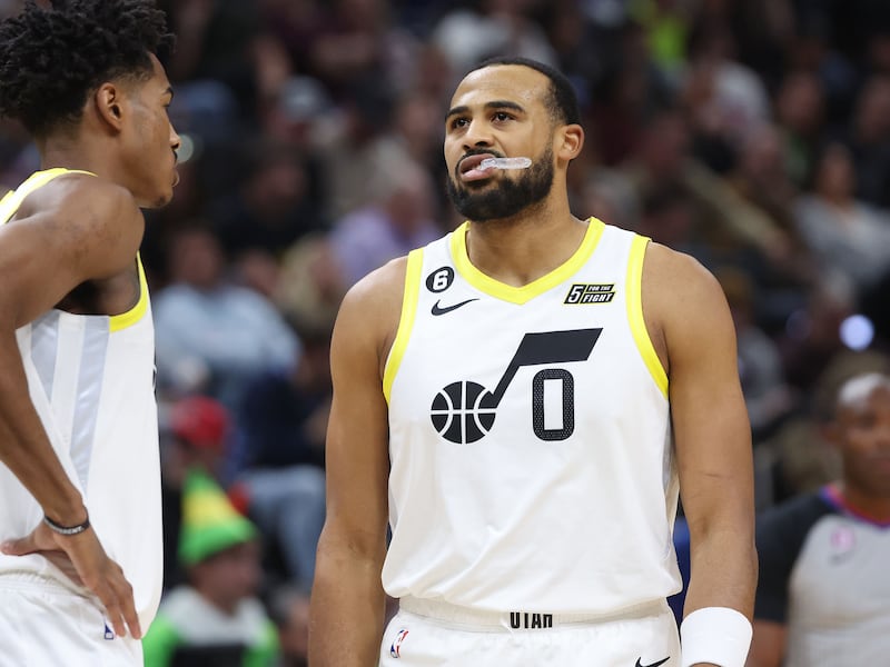 Utah Jazz’s Talen Horton-Tucker (0) during a break in action against the Memphis Grizzlies in Salt Lake City, Oct. 29, 2022.