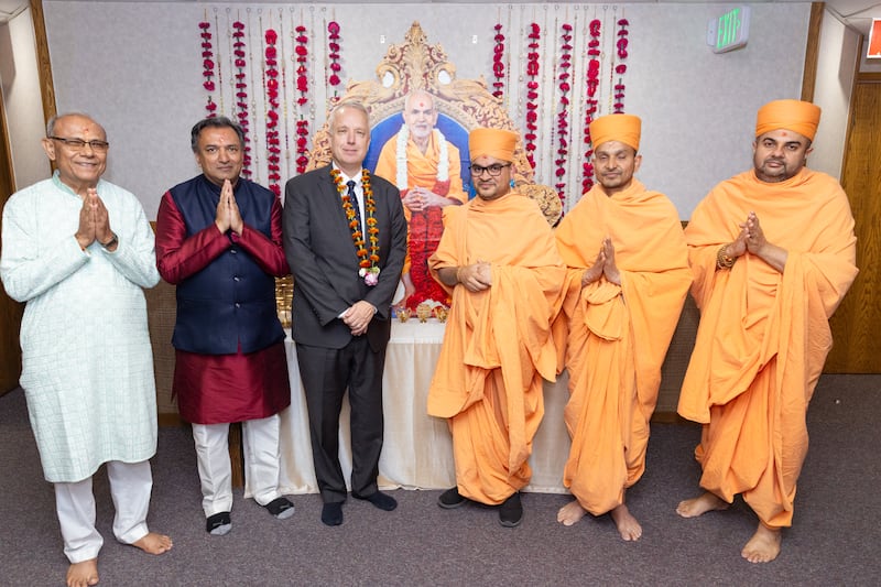 Elder Michael Cziesla, a General Authority Seventy of The Church of Jesus Christ of Latter-day Saints, pauses for a photo with BAPS leadership on Sept. 13, 2025.