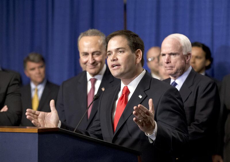 FILE ? In this April 18, 2013, file photo Sen. Marco Rubio, R-Fla., speaks at a Capitol Hill news conference with the Senate's "Gang of Eight", the bipartisan team pushing an immigration overhaul, to outline their immigration reform legislation that would