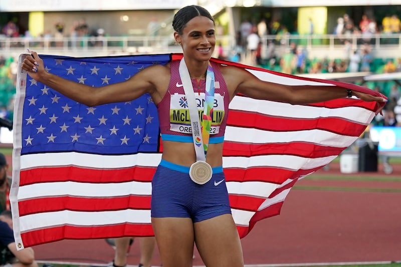 Gold medalist Sydney McLaughlin celebrates after winning the women’s 400 hurdles at the World Athletics Championships
