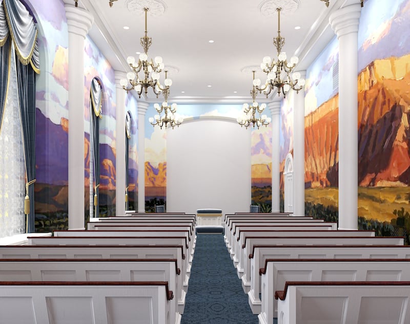 A rendering of an instruction room in the St. George Utah Temple. The temple will close Nov. 4 for extensive renovations.
