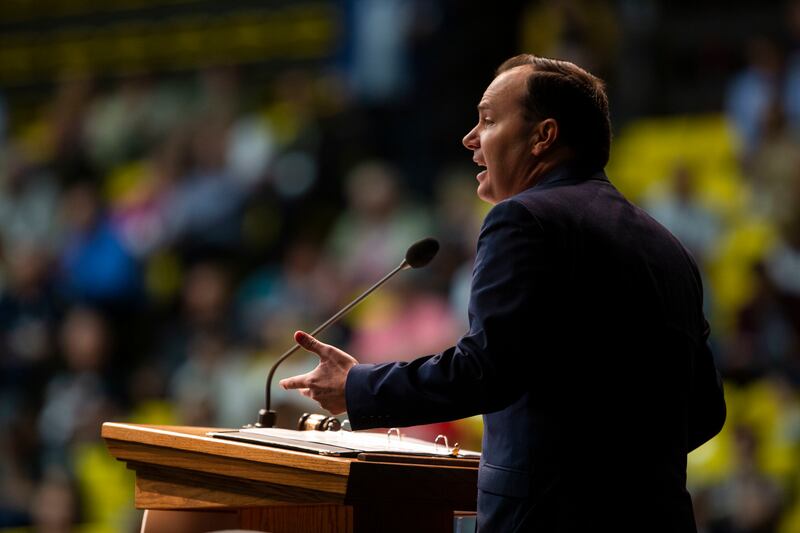 FILE - Utah Senator Mike Lee speaks at the Utah Valley University campus UCCU Center in Orem on Saturday, May 4, 2019. Lee and 24 other conservative senators asked a Senate budget committee to preserve all existing pro-life and religious freedom protectio