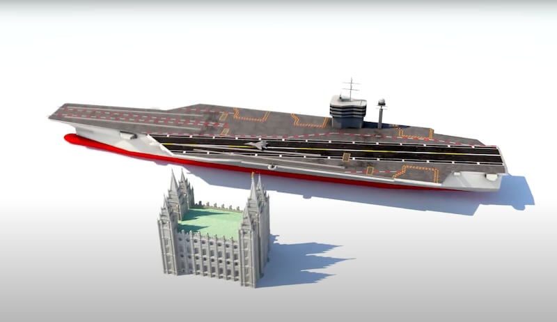 The Salt Lake Temple and an aircraft carrier weigh the same amount, but the temple’s weight is concentrated.