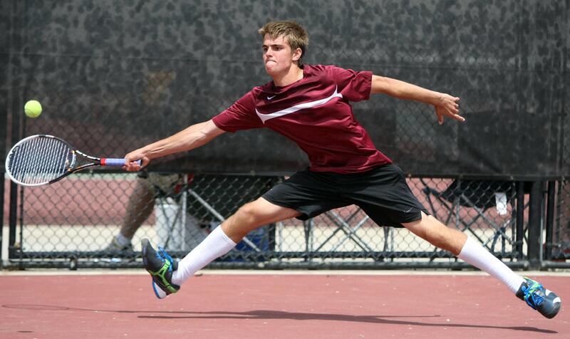 Viewmont's Sam Tullis competes in and wins his first singles match in the 5A boys state tennis tournament at Liberty Park in Salt Lake City on Saturday, May 11, 2013.