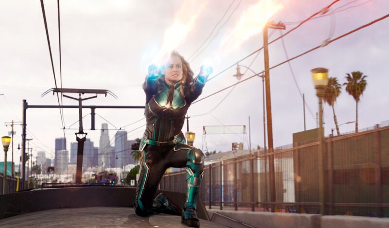This image released by Disney-Marvel Studios shows Brie Larson in a scene from "Captain Marvel."