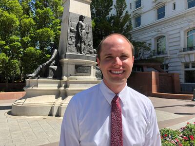 Jacob Oscarson, Rebecca Winters' fourth great-grandson, is pictured next to Temple Square in Salt Lake City on Tuesday, July 10, 2019. Rebecca Winters died of cholera in Nebraska in 1852 during the handcart trek to Utah.