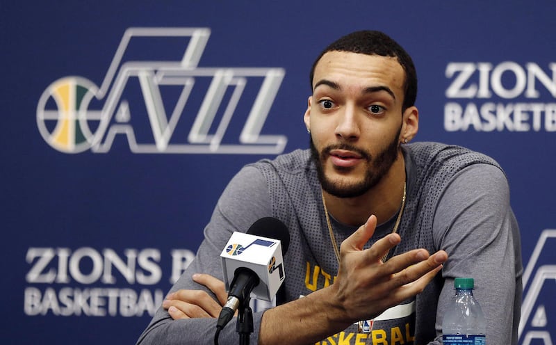 Rudy Gobert of the Utah Jazz answers questions during an end of season press conference at Zions Bank Basketball Center in Salt Lake City, Thursday, April 14, 2016.