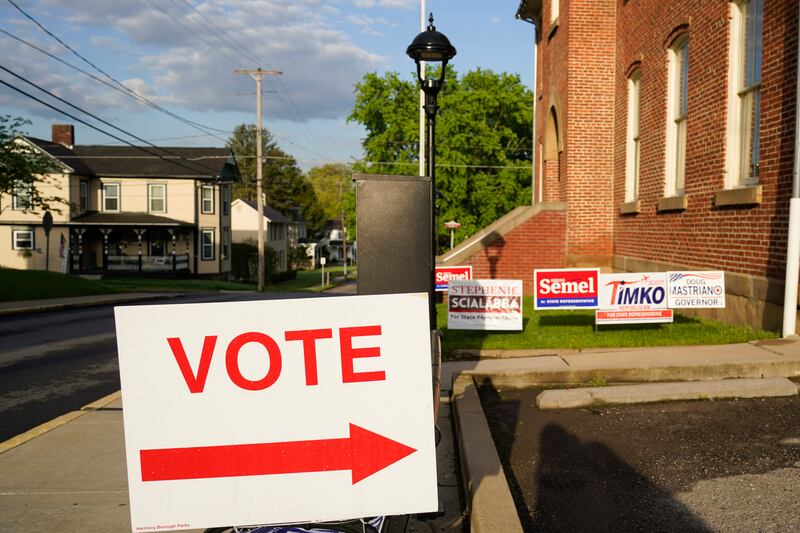Signs point the way for voters to cast their ballots at the polling location for the Pennsylvania primary election.