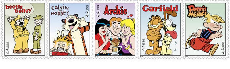 These undated handout images provided by the US Postal Service shows postage stamps featuring comic strips, from left, Beetle Bailey; Calvin and Hobbes; Archie; Garfield and Dennis the Menace, part of a set of five Sunday comics stamps going on sale natio