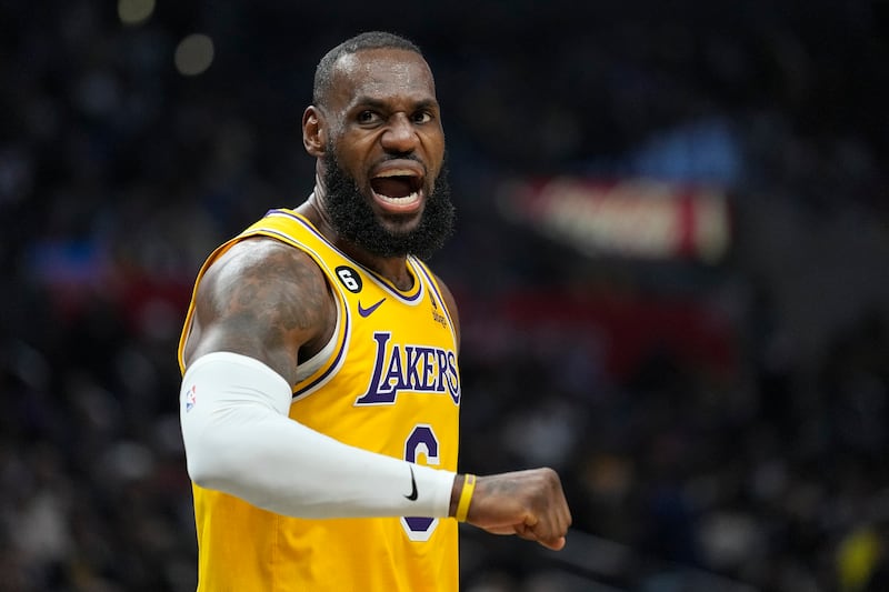 Los Angeles Lakers forward LeBron James complains after receiving a charging foul during a game Wednesday, Nov. 9, 2022, in Los Angeles.
