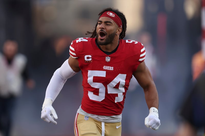 San Francisco 49ers linebacker Fred Warner is introduced before the NFC Championship NFL football game against the Detroit Lions in Santa Clara, Calif., Sunday, Jan. 28, 2024.