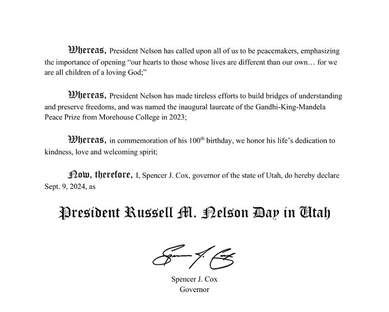 The second page of the declaration that Sept. 9, 2024, was "President Russell M. Nelson Day" in Utah.