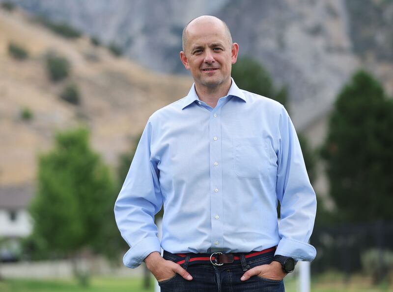 Evan McMullin, Utah’s independent U.S. Senate candidate challenging incumbent Mike Lee, stands in front of the Utah mountains near his home.