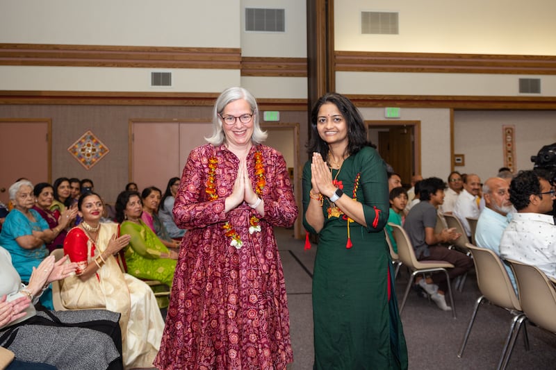 Sister Margret Cziesla receives a traditional welcome at the grand opening ceremony held Sept. 13, 2025, for the BAPS new mandir in Utah.