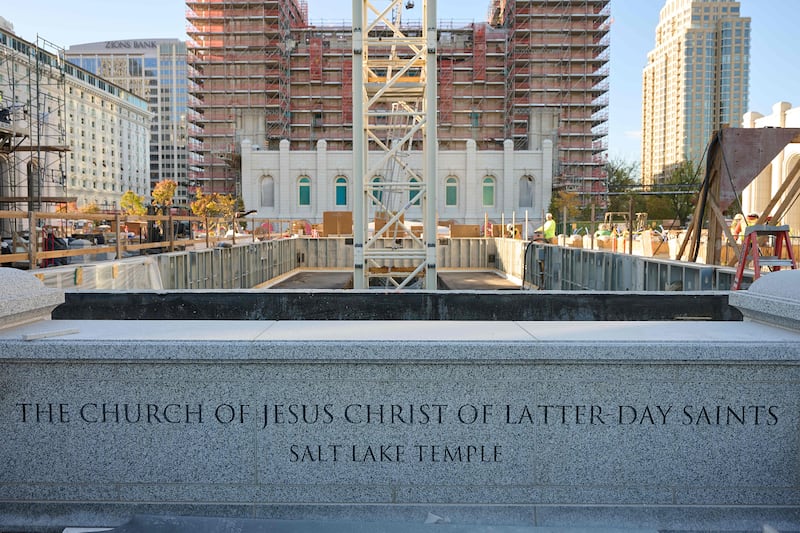 The base of the 270-foot-tall north tower crane on Temple Square on Wednesday, Oct. 22, 2025. Crews dismantled the crane from the Salt Lake Temple construction site Oct. 27-29, 2025.
