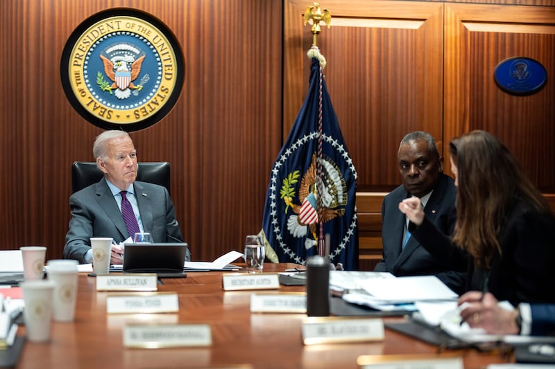 President Joe Biden receives the Presidential Daily Briefing on Jan. 29, 2024, in the White House Situation Room at the White House.