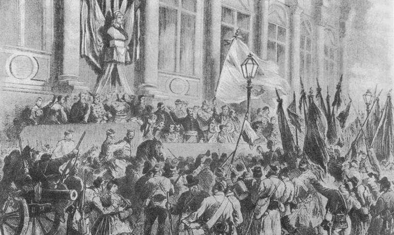 This illustration shows transfer of power to the Council of the Paris Commune of March 28, 1871, and is from the textbook "Modern History," published in the Russia published in 2008.